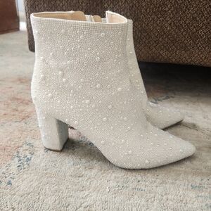 Betsey Johnson White Pearl Embellished Ankle Boots